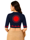 Women Mandarin Collar Back Printed Stretchable Elbow Sleeve Blouse U0274 Navy