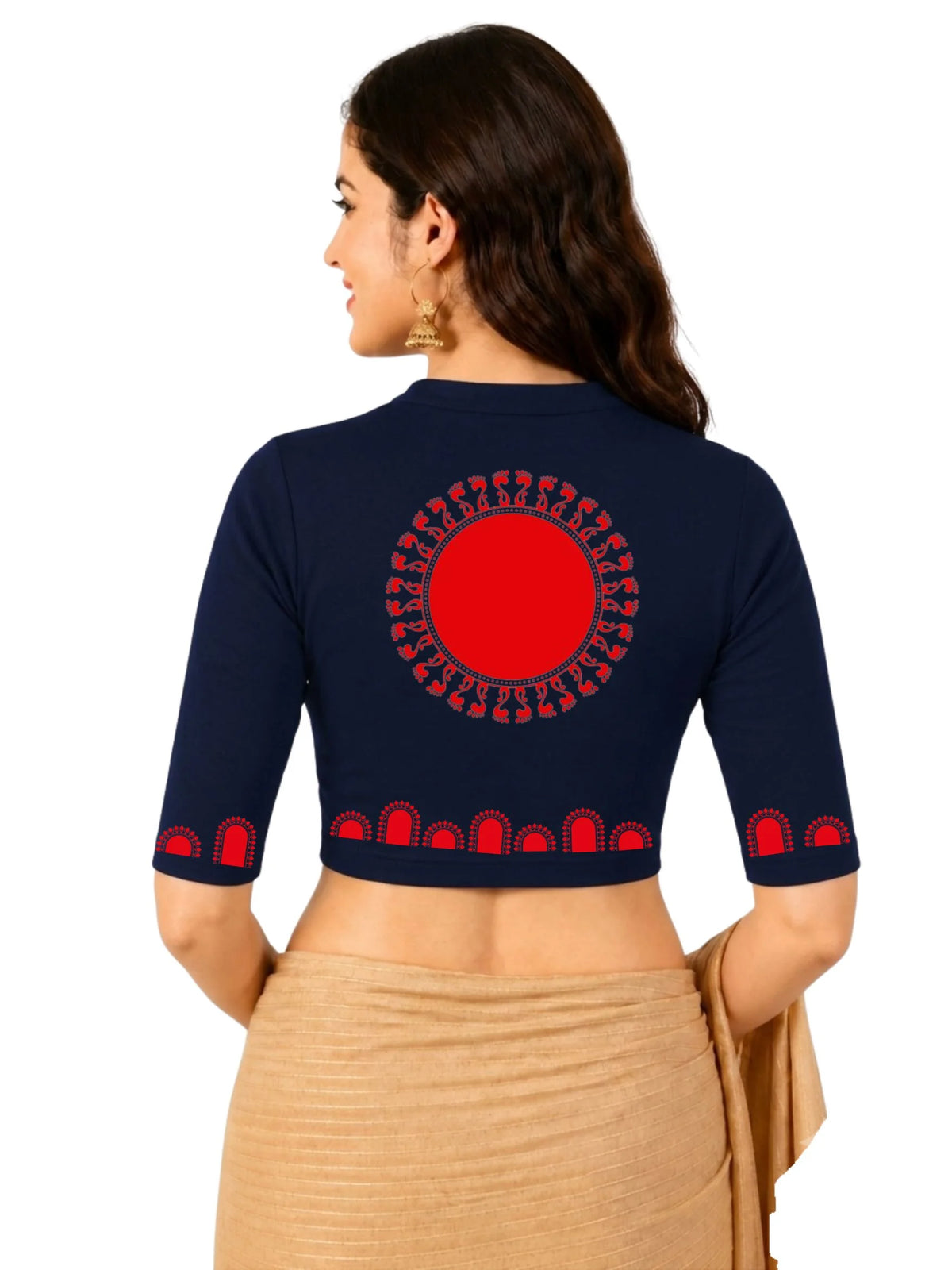 Women Mandarin Collar Back Printed Stretchable Elbow Sleeve Blouse U0274 Navy