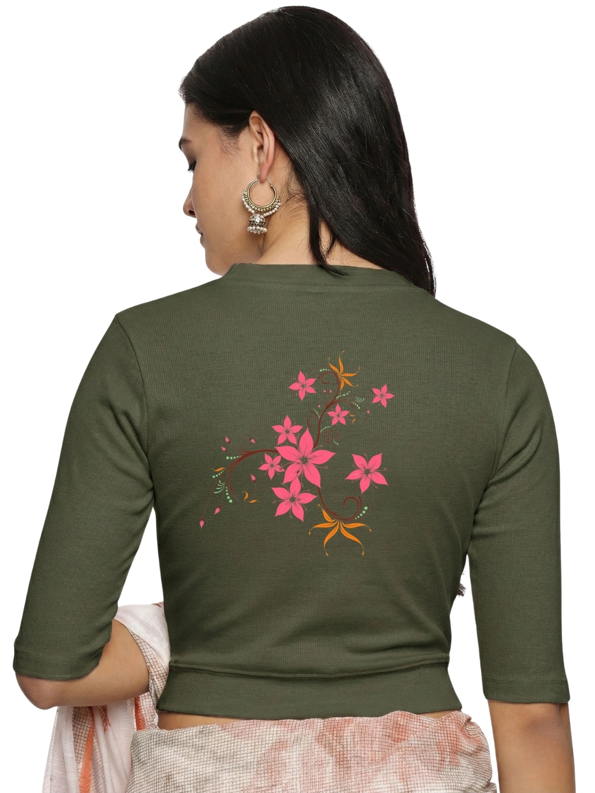 Women Back Printed Stretchable Elbow Sleeve RIB Blouse U0113 Olive Green
