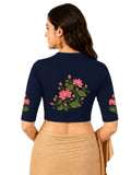 Women Mandarin Collar Back Printed Stretchable Elbow Sleeve Blouse U0273 Navy