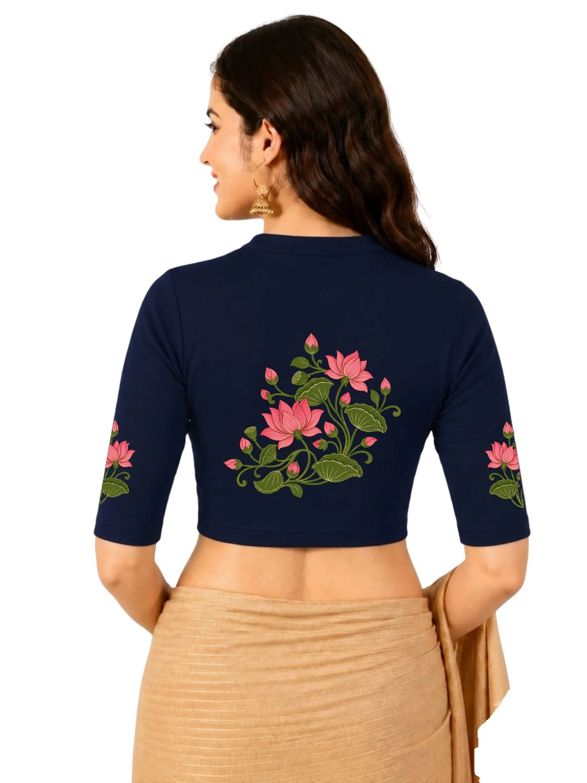 Women Mandarin Collar Back Printed Stretchable Elbow Sleeve Blouse U0273 Navy