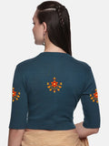 Women Back Printed Stretchable Elbow Sleeve RIB Blouse U0158 Teal Green
