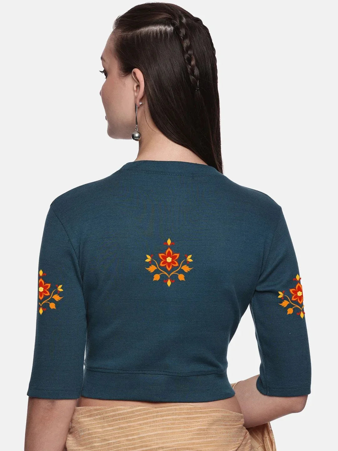 Women Back Printed Stretchable Elbow Sleeve RIB Blouse U0158 - notyetbyus