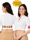 Women Mandarin Collar Back Printed Stretchable Elbow Sleeve Blouse U0281 White