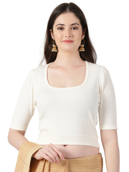 Women Plain Stretchable Rib Square Neck Puff Sleeve Blouse U0251 Cream