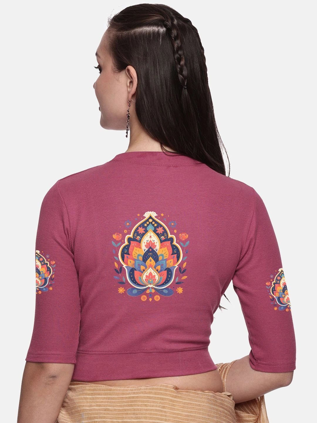 Women Back Printed Stretchable Elbow Sleeve RIB Blouse U0157