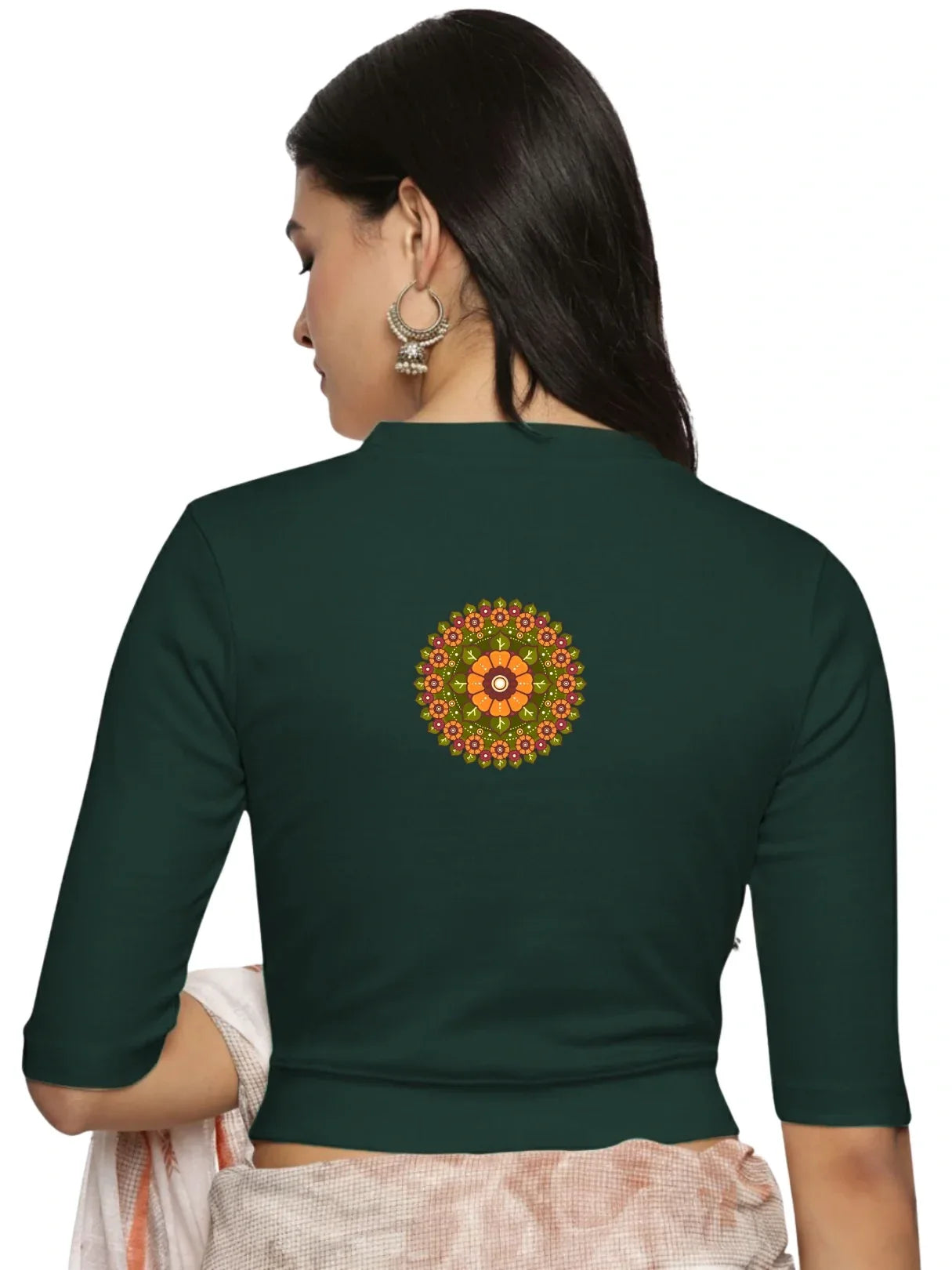 Women Back Printed Stretchable Elbow Sleeve RIB Blouse U0129R - notyetbyus