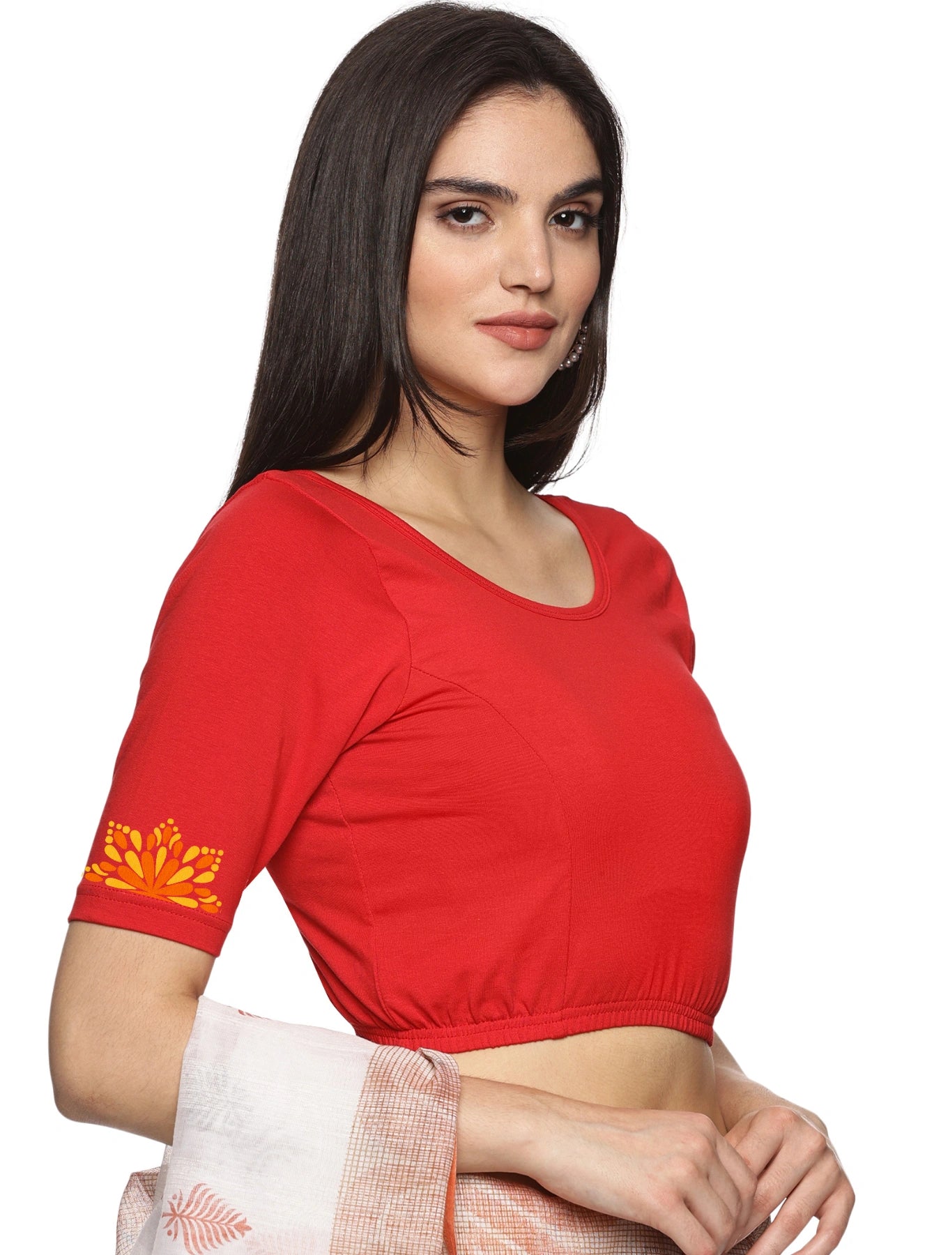Women Back Printed Stretchable Half Sleeve Blouse U0175 Red