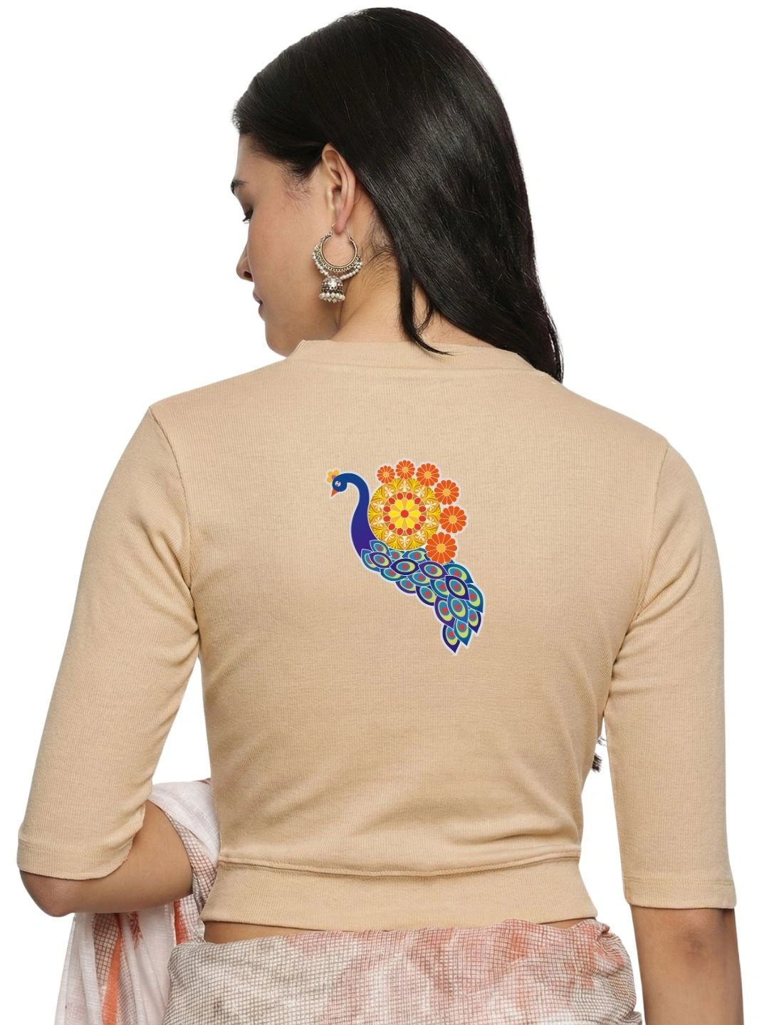 Women Back Printed Stretchable Elbow Sleeve RIB Blouse U0146 Chikoo