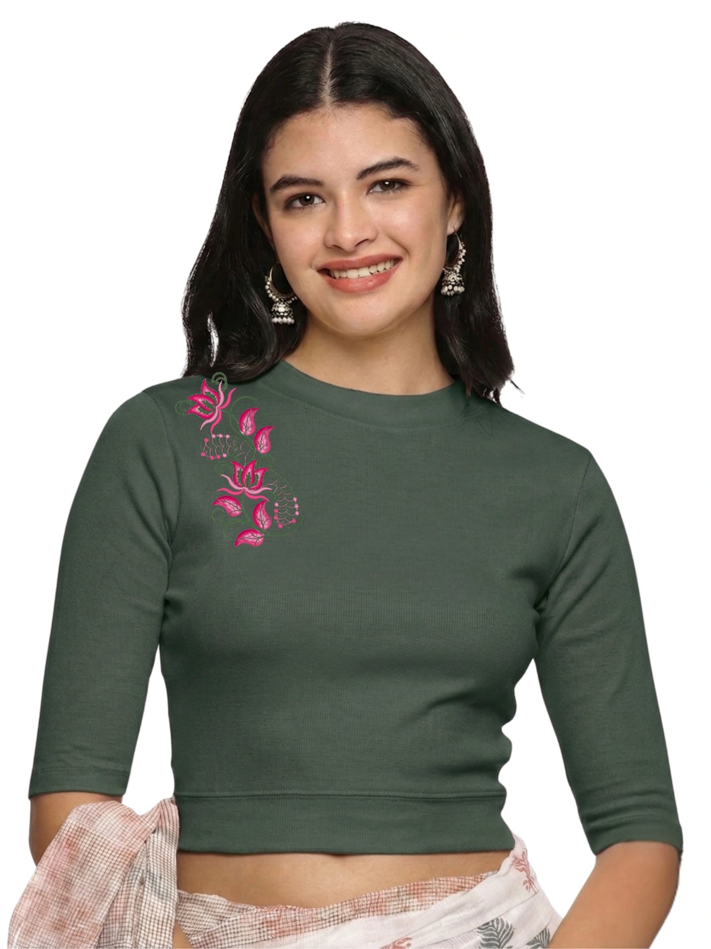 Women Back Printed Stretchable Elbow Sleeve RIB Blouse U0117 Khaki Green
