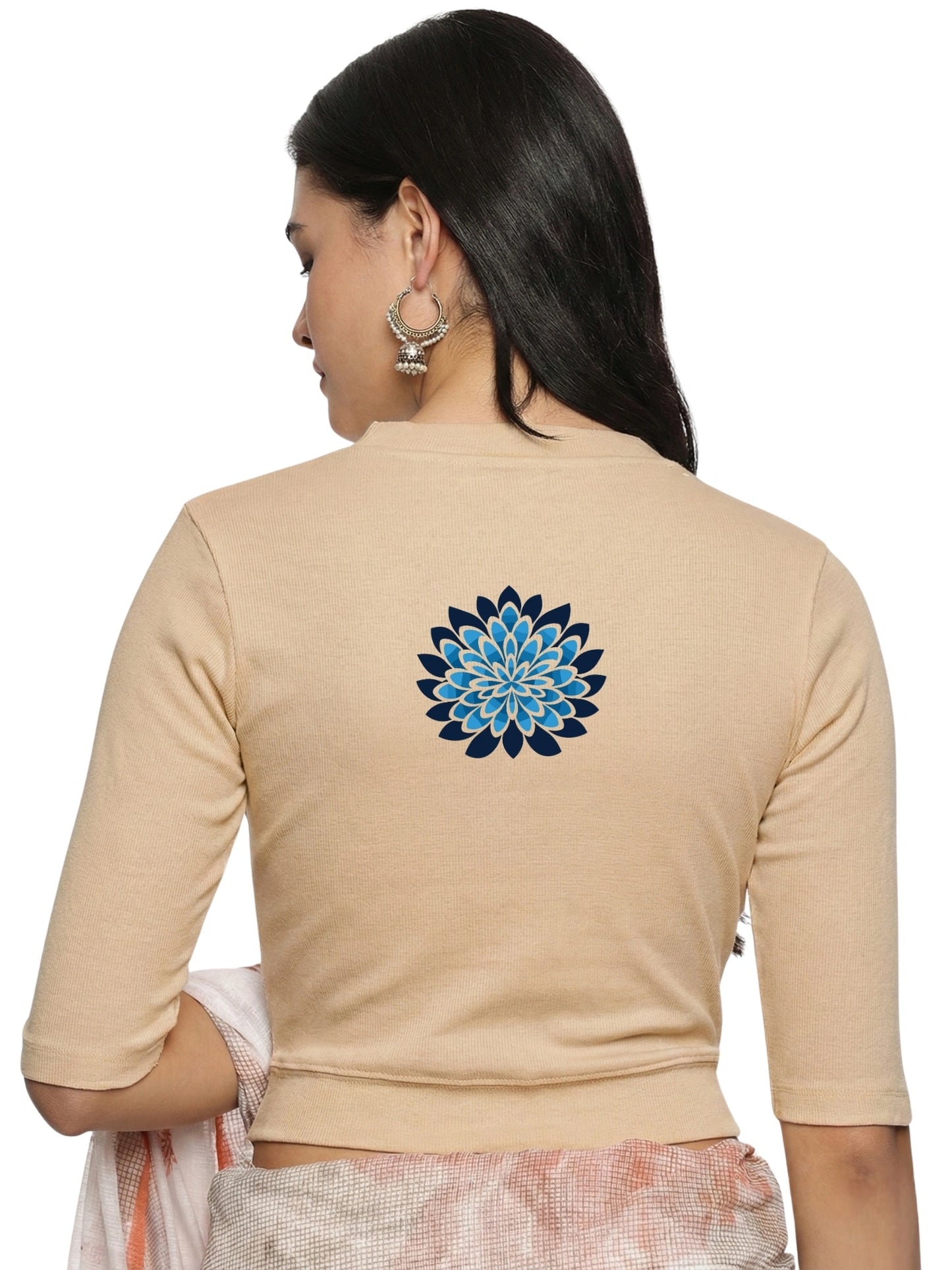 Women Back Printed Stretchable Elbow Sleeve RIB Blouse U0169 Chikoo
