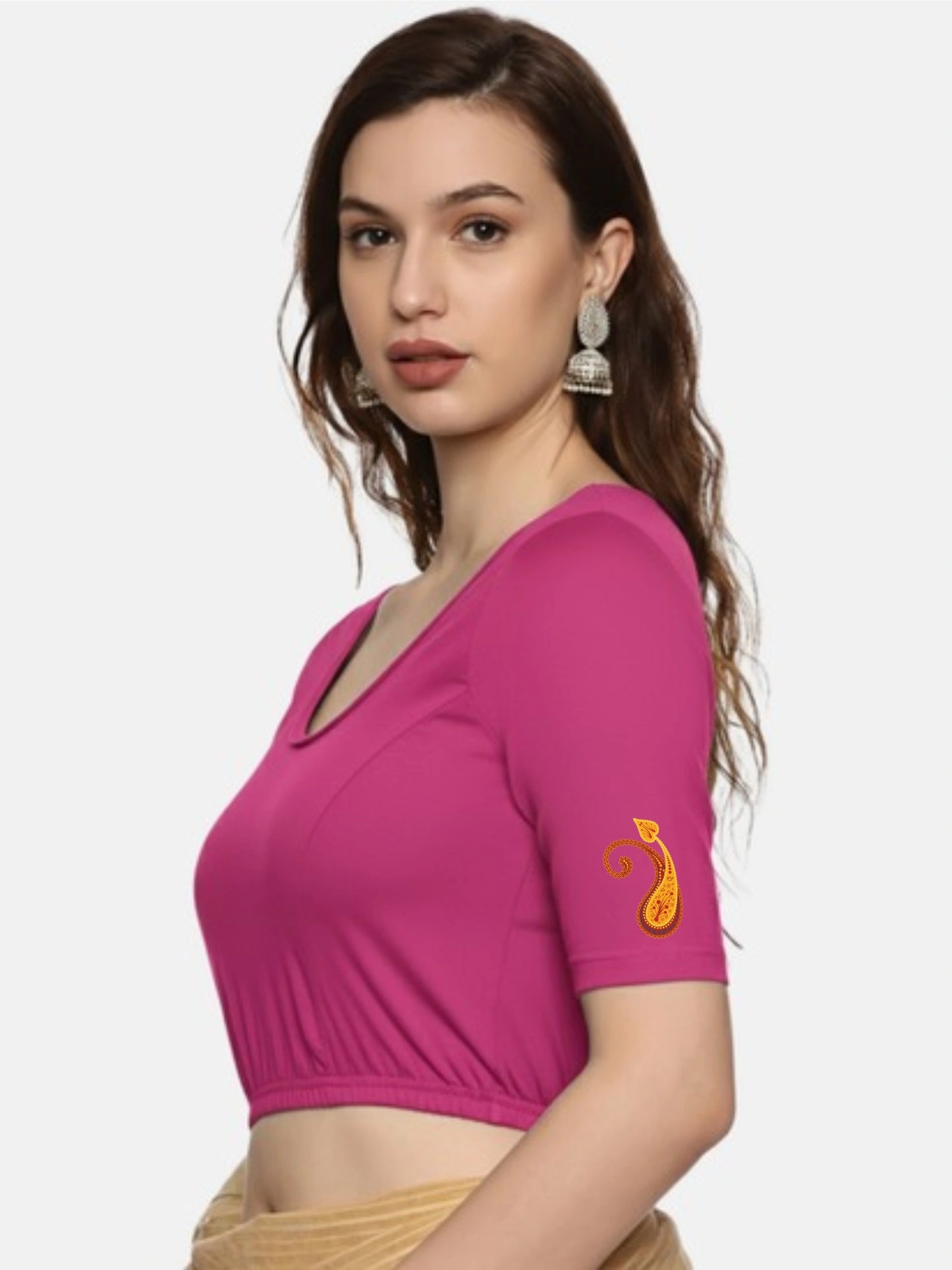 Women Back Printed Stretchable Half Sleeve Blouse U0177 Rani Pink