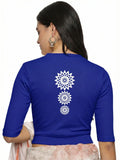 Women Back Printed Stretchable Elbow Sleeve RIB Blouse U0170 Royal Blue