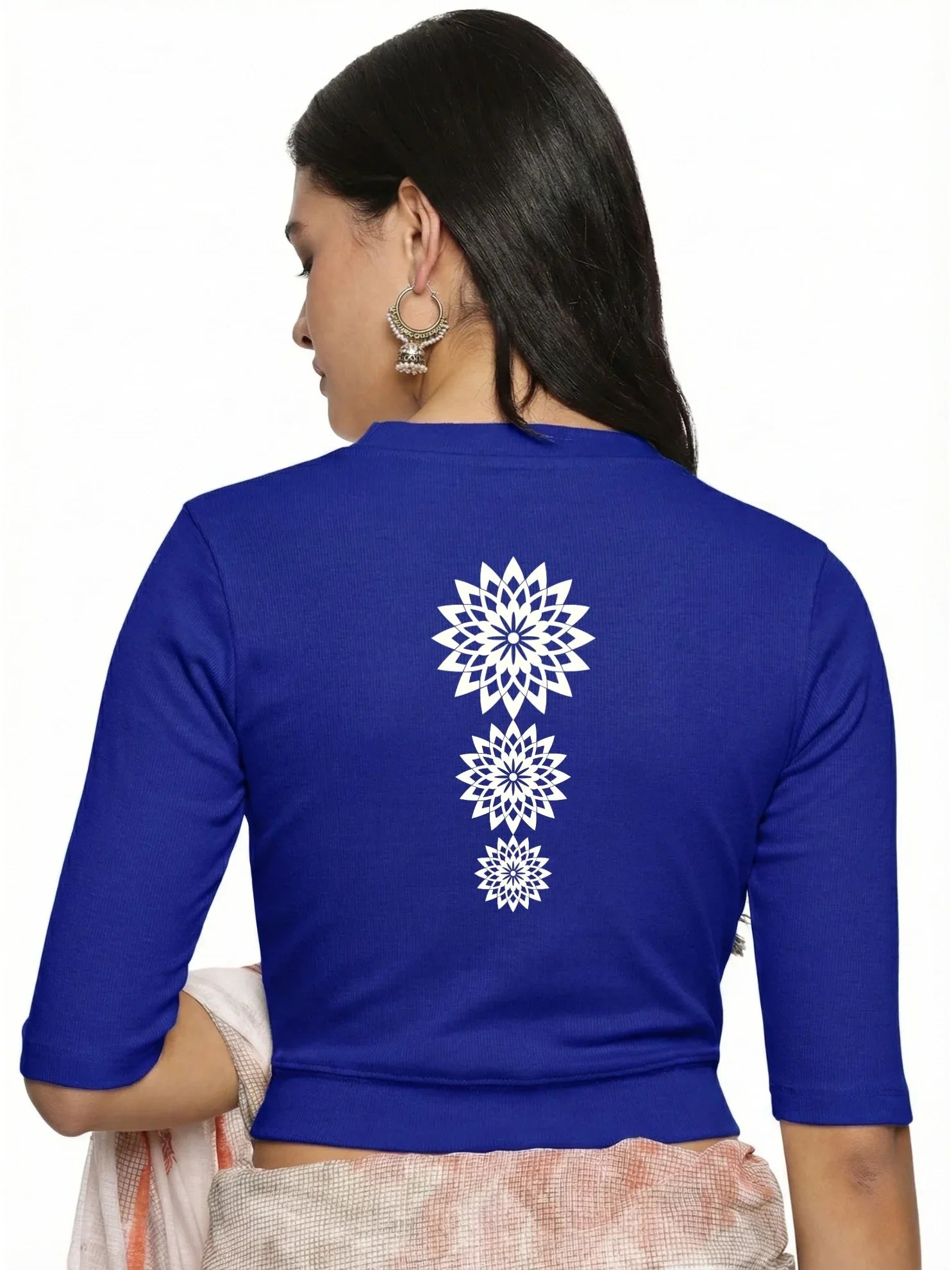 Women Back Printed Stretchable Elbow Sleeve RIB Blouse U0170 - notyetbyus