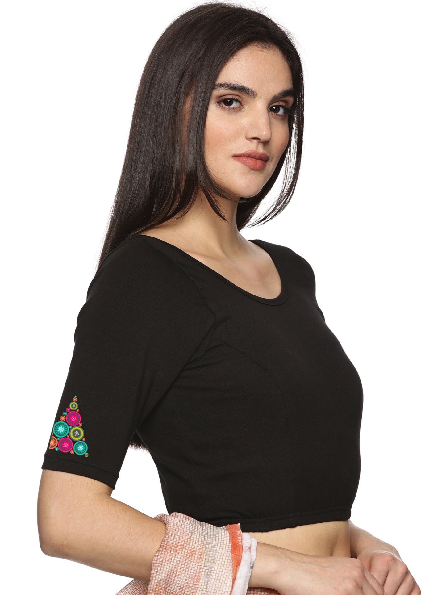 Women Back Printed Stretchable Half Sleeve Blouse U0173 Black