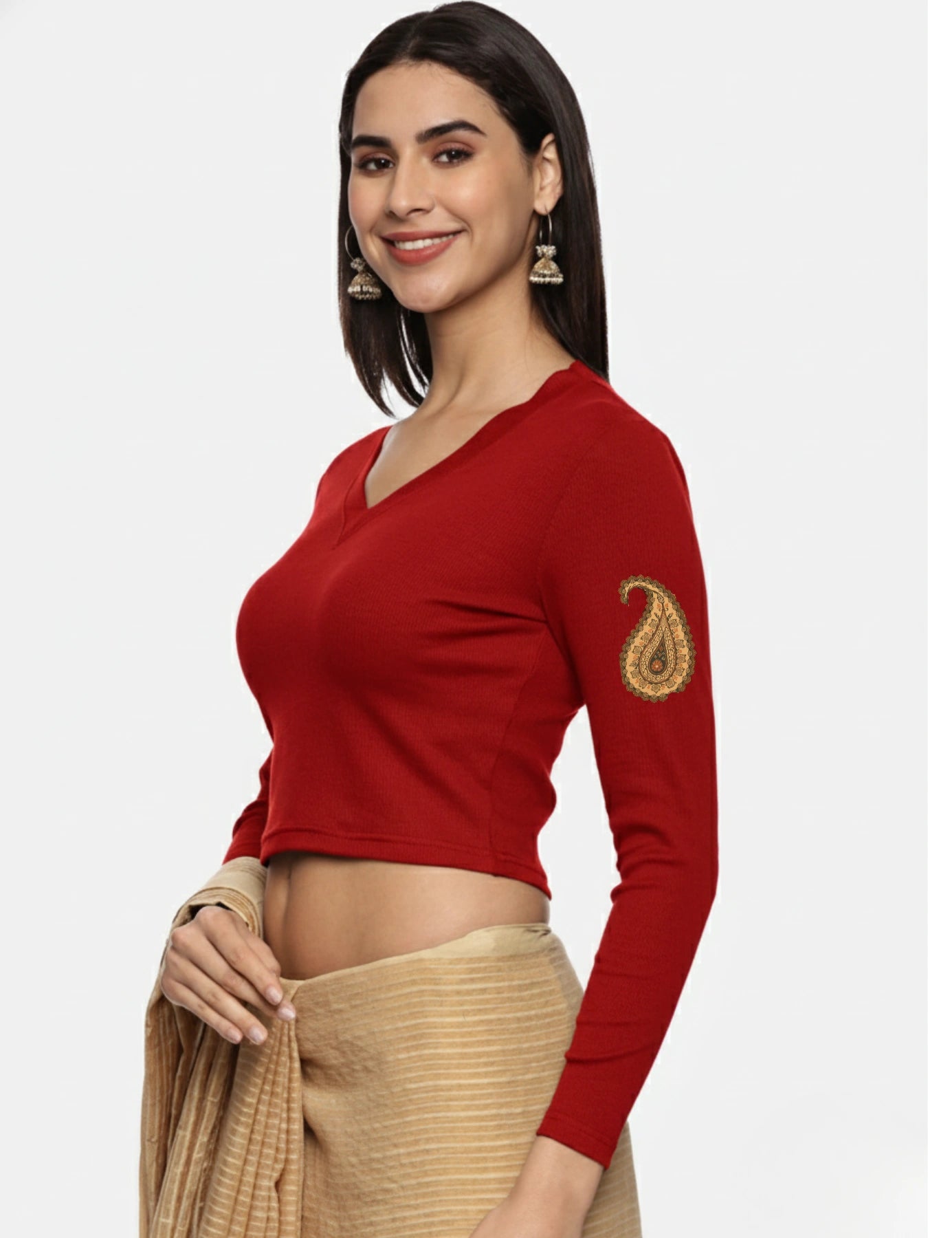 Women Back Printed Stretchable Full Sleeve V Neck RIB Blouse U0186 Burgandy