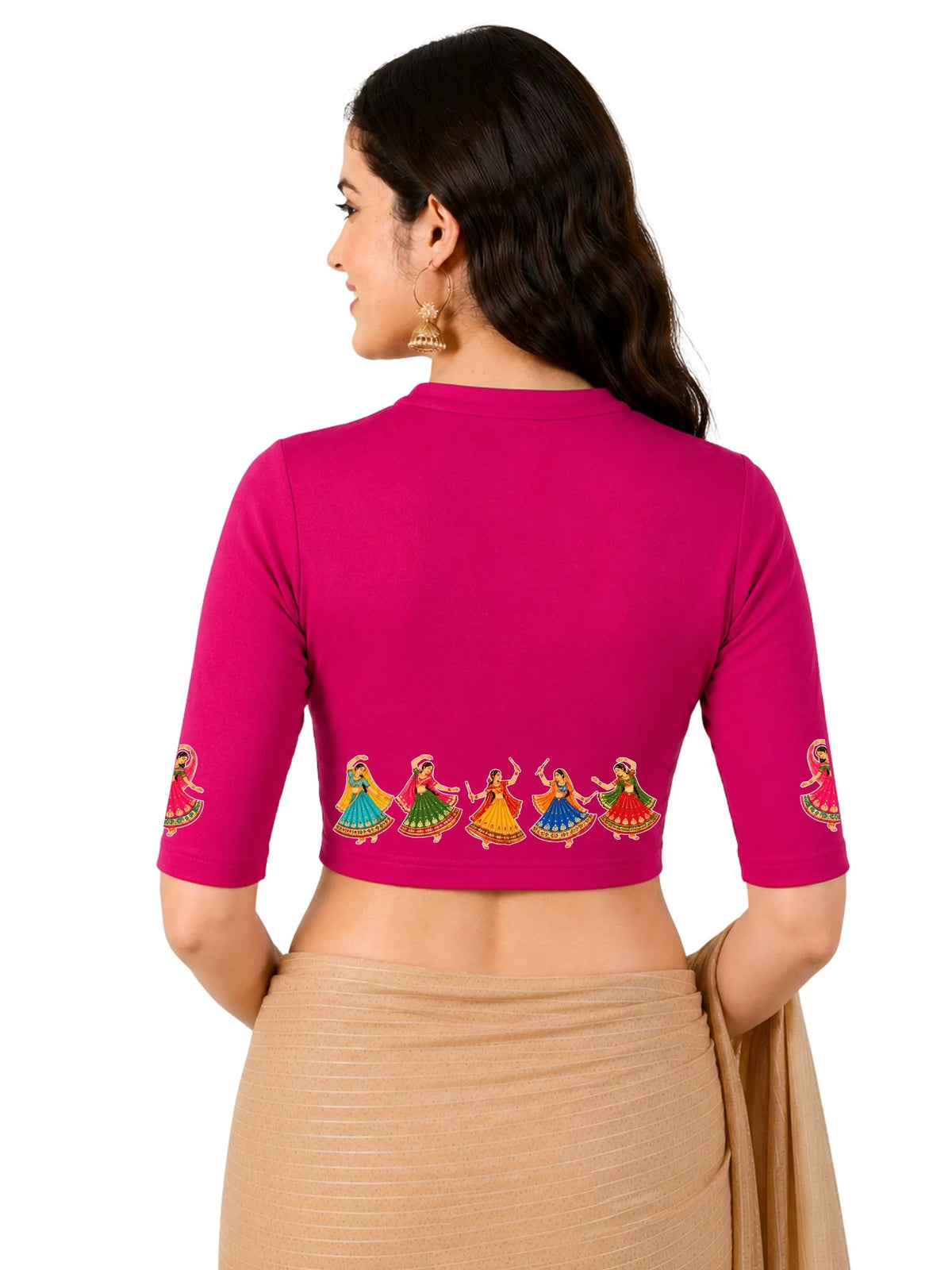 Women Mandarin Collar Back Printed Stretchable Elbow Sleeve Blouse U0281 Rani Pink
