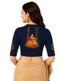 Women Mandarin Collar Back Printed Stretchable Elbow Sleeve Blouse U0267 Navy