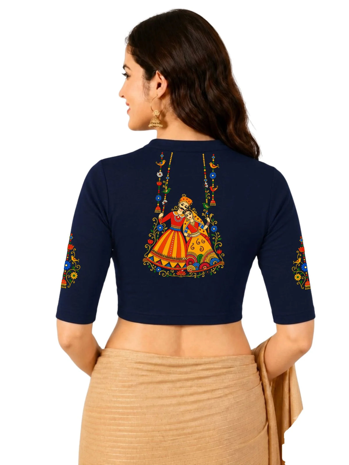 Women Mandarin Collar Back Printed Stretchable Elbow Sleeve Blouse U0267 Navy