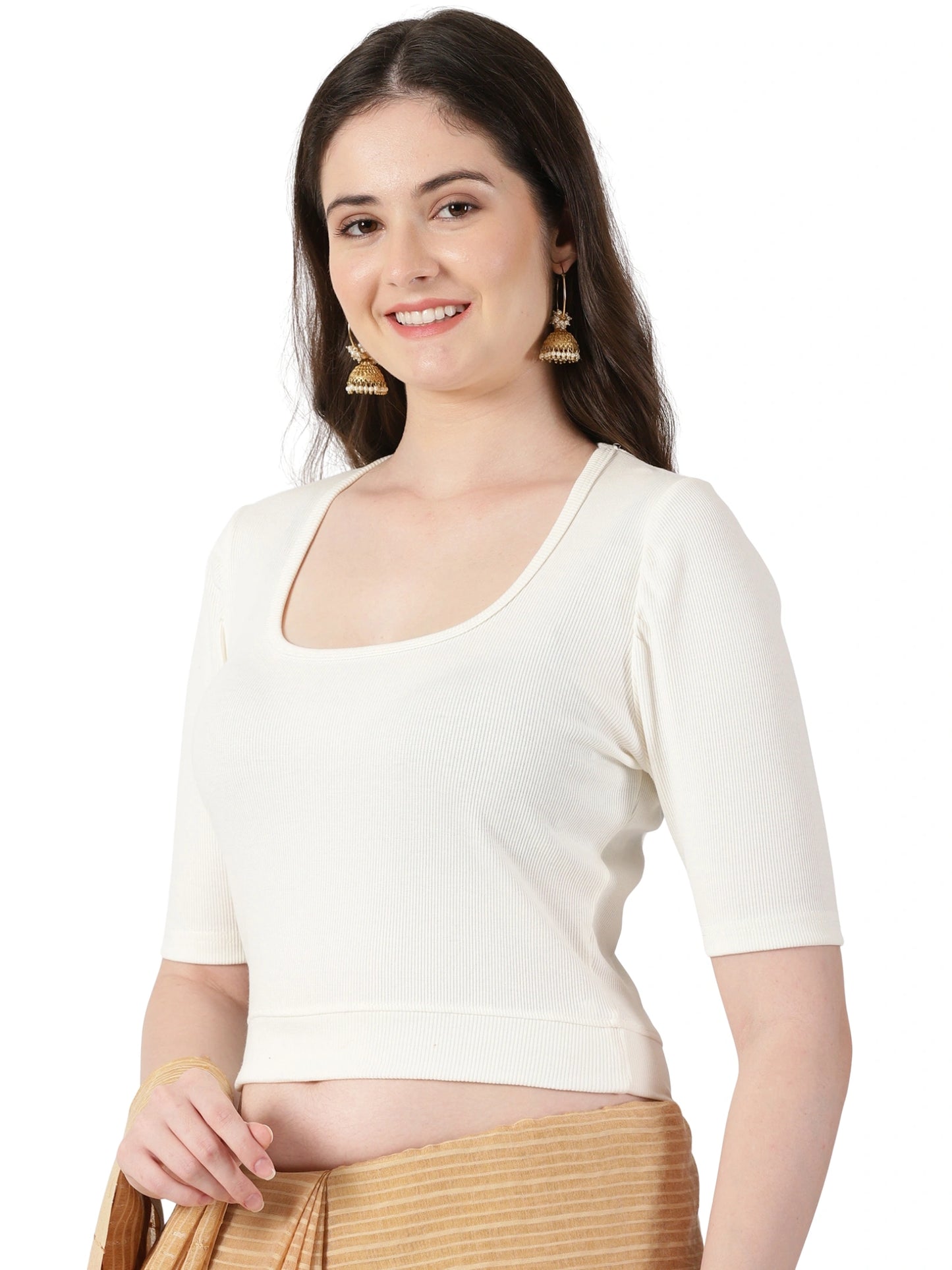 Women Stretchable Rib Square Neck Puff Sleeve Blouse Back Print U0242 Cream
