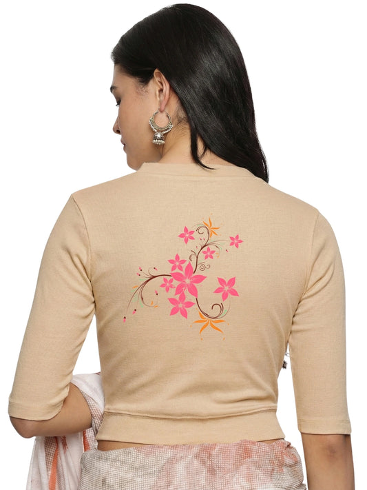 Women Back Printed Stretchable Elbow Sleeve RIB Blouse U0113 Chikoo