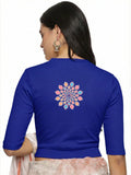 Women Back Printed Stretchable Elbow Sleeve RIB Blouse U0168 Royal Blue