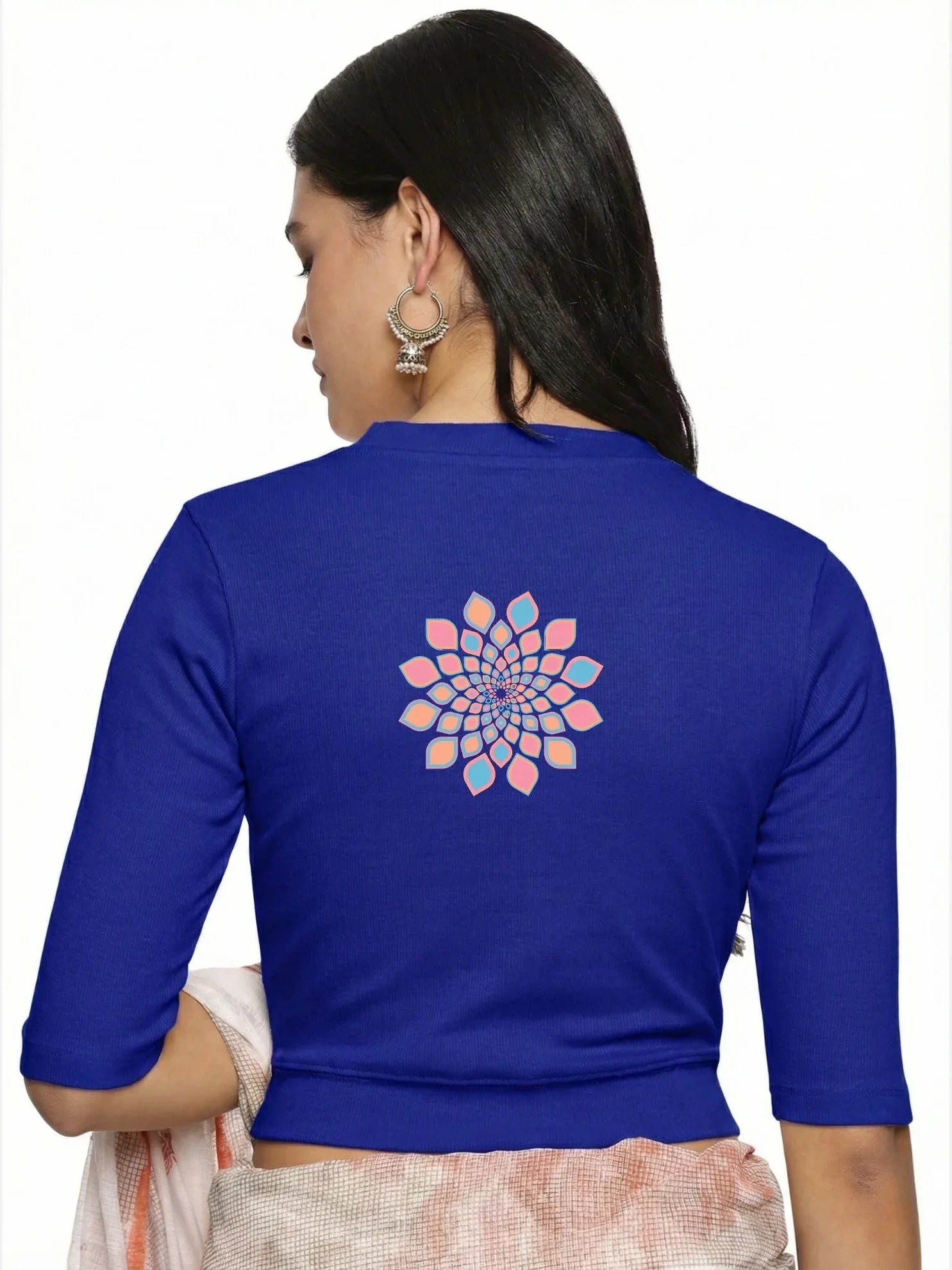 Women Back Printed Stretchable Elbow Sleeve RIB Blouse U0168 - notyetbyus