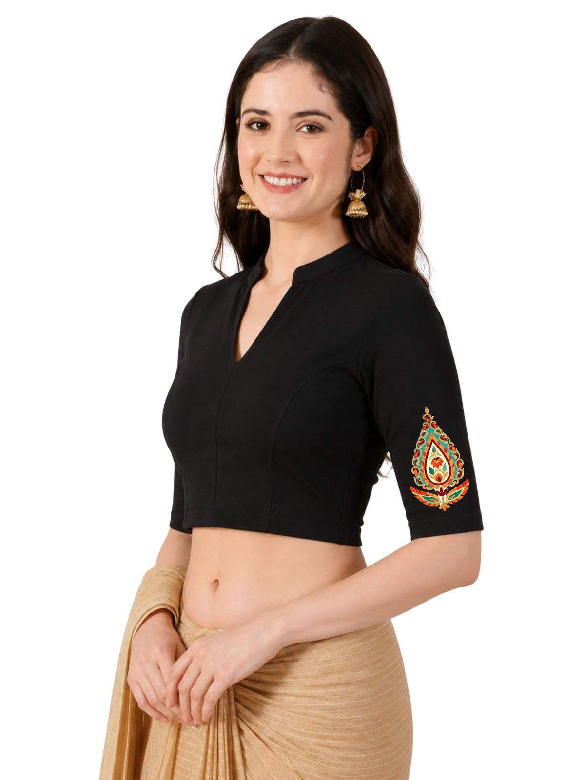 Women Mandarin Collar Back Printed Stretchable Elbow Sleeve Blouse U0279 Black