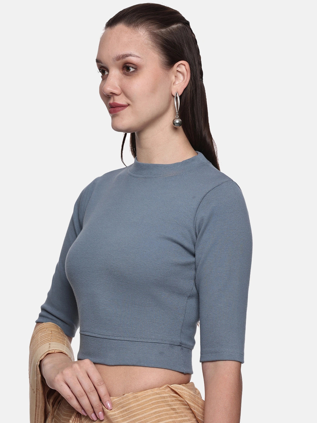 Women Plain Stretchable Elbow Sleeve RIB Blouse U0121 Elephant Grey