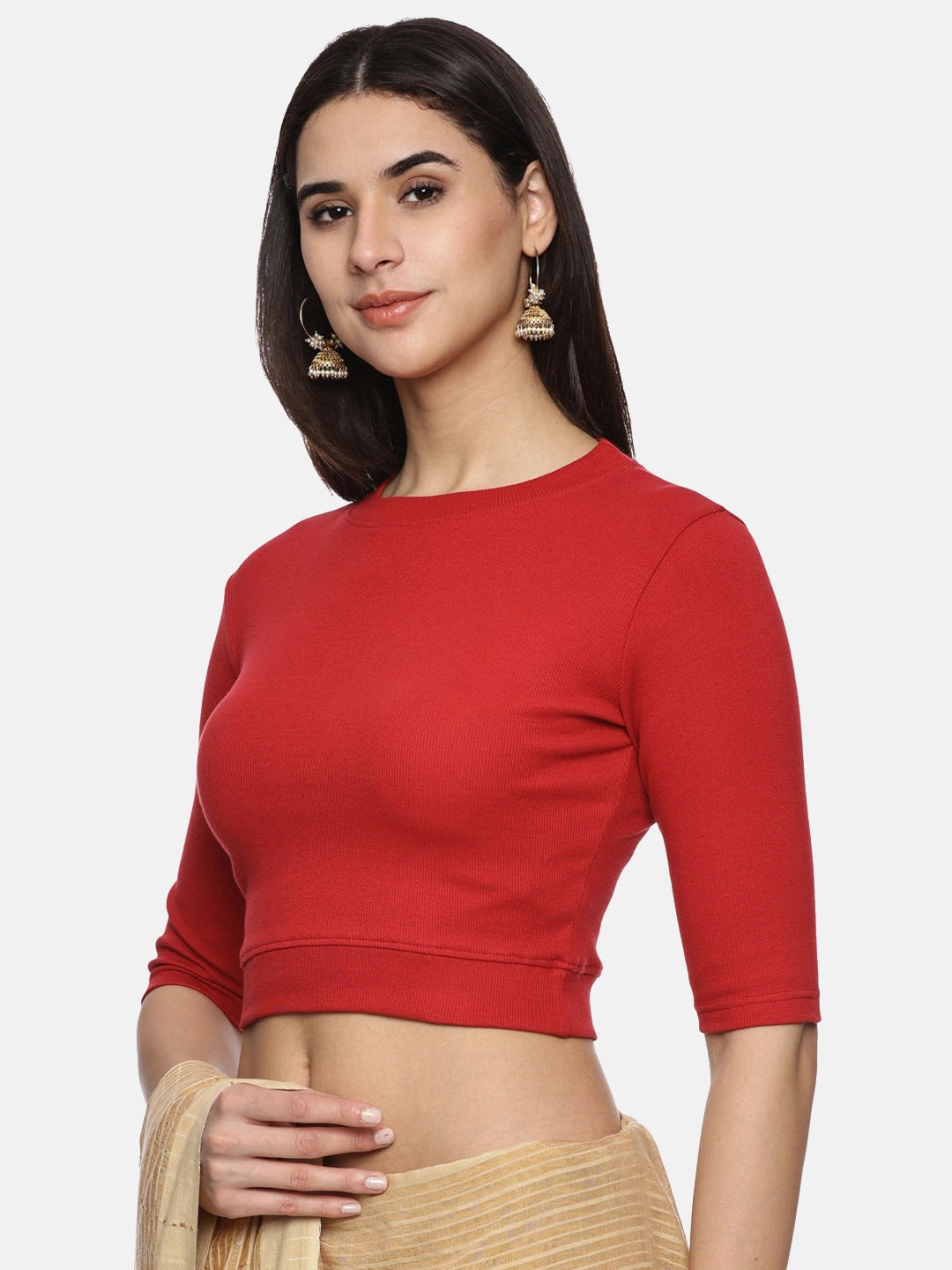 Women Plain Stretchable Elbow Sleeve RIB Blouse U0121 Red