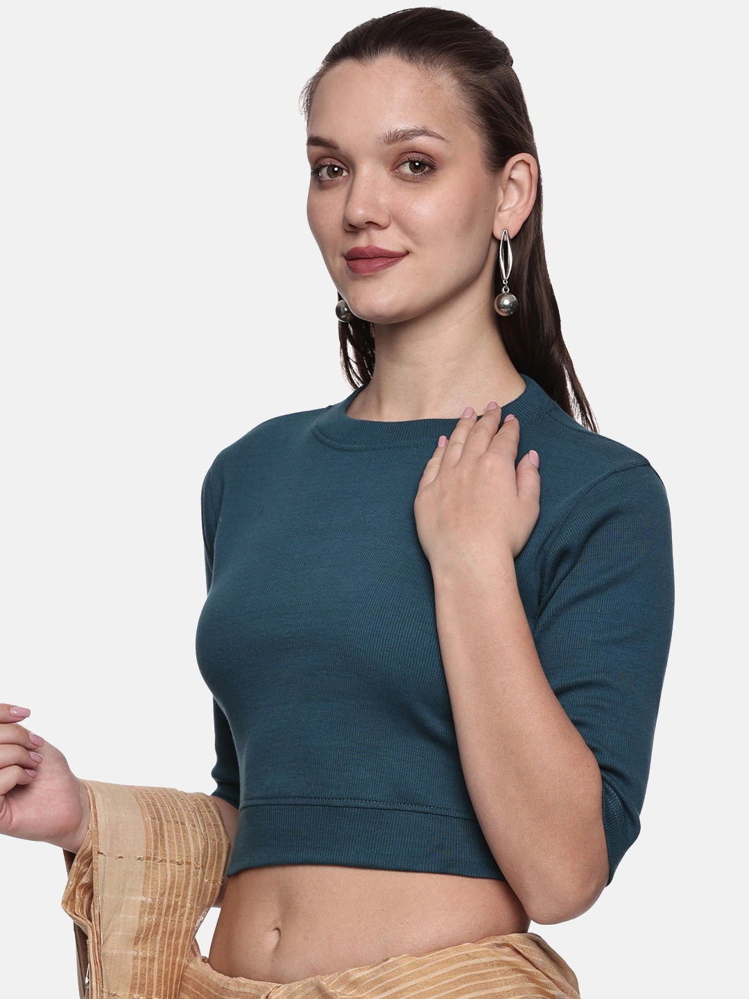 Women Plain Stretchable Elbow Sleeve RIB Blouse U0121 Teal Green
