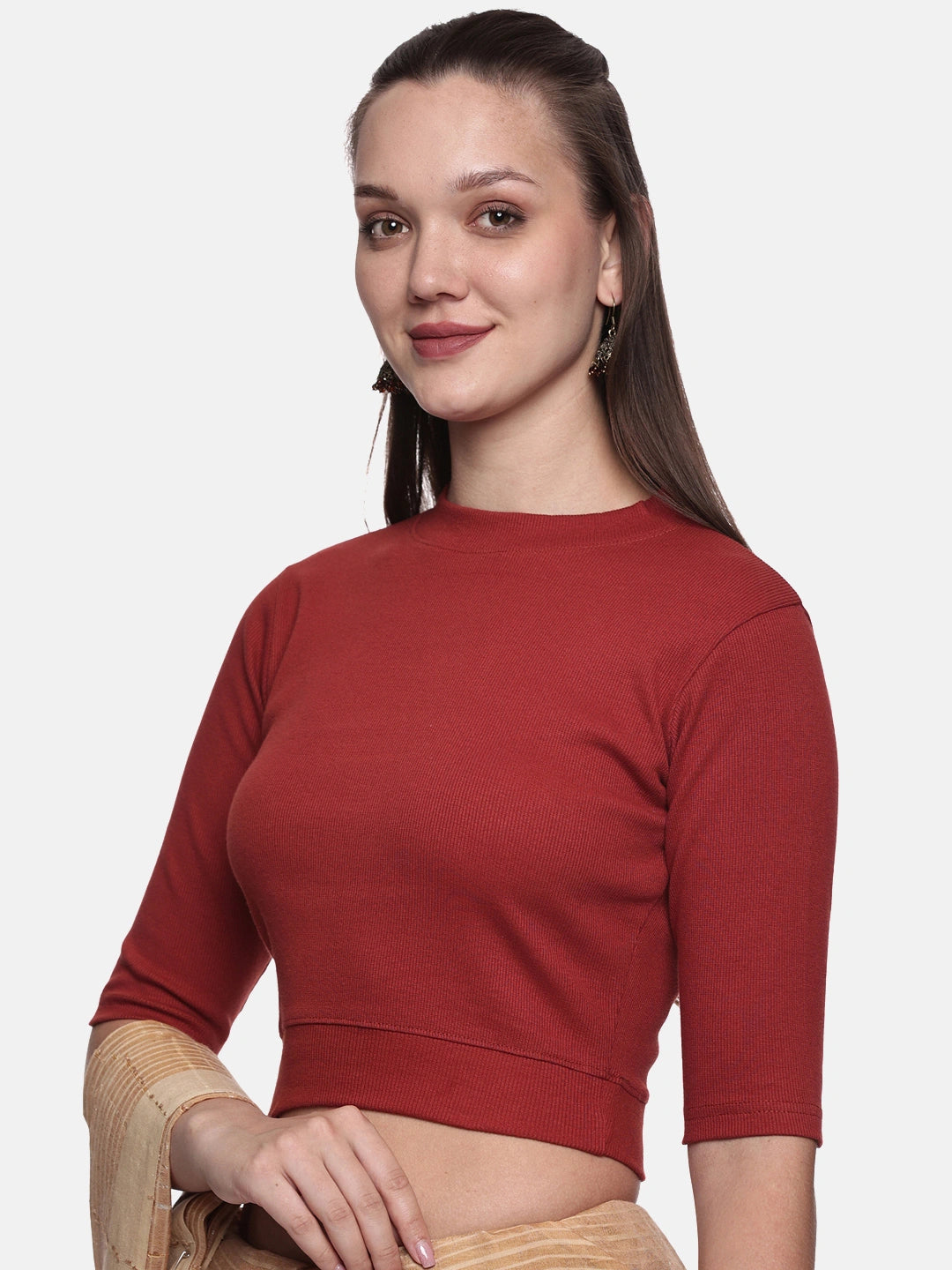 Women Back Printed Stretchable Elbow Sleeve RIB Blouse U0168 Terracotta Red