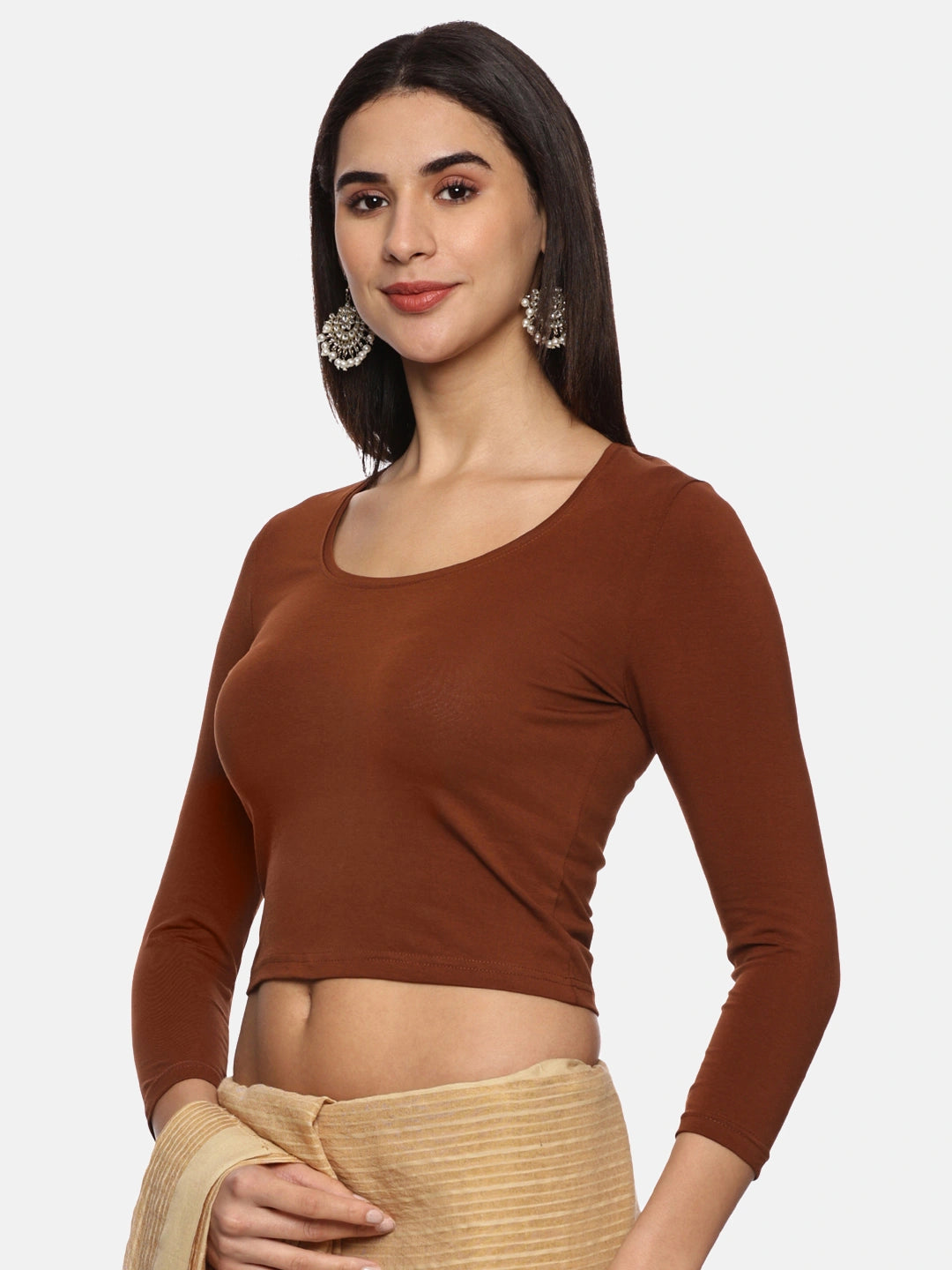 Women Three Fourth Sleeve Plain Stretchable Blouse U0101 Honey Brown