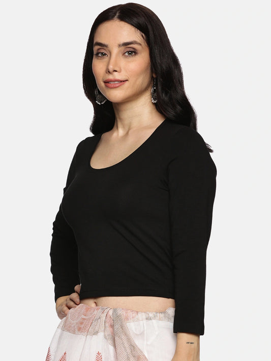 Women Three Fourth Sleeve Plain Stretchable Blouse U0101 Black