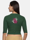 Women Back Printed Stretchable Elbow Sleeve RIB Blouse U0253 Bottle Green