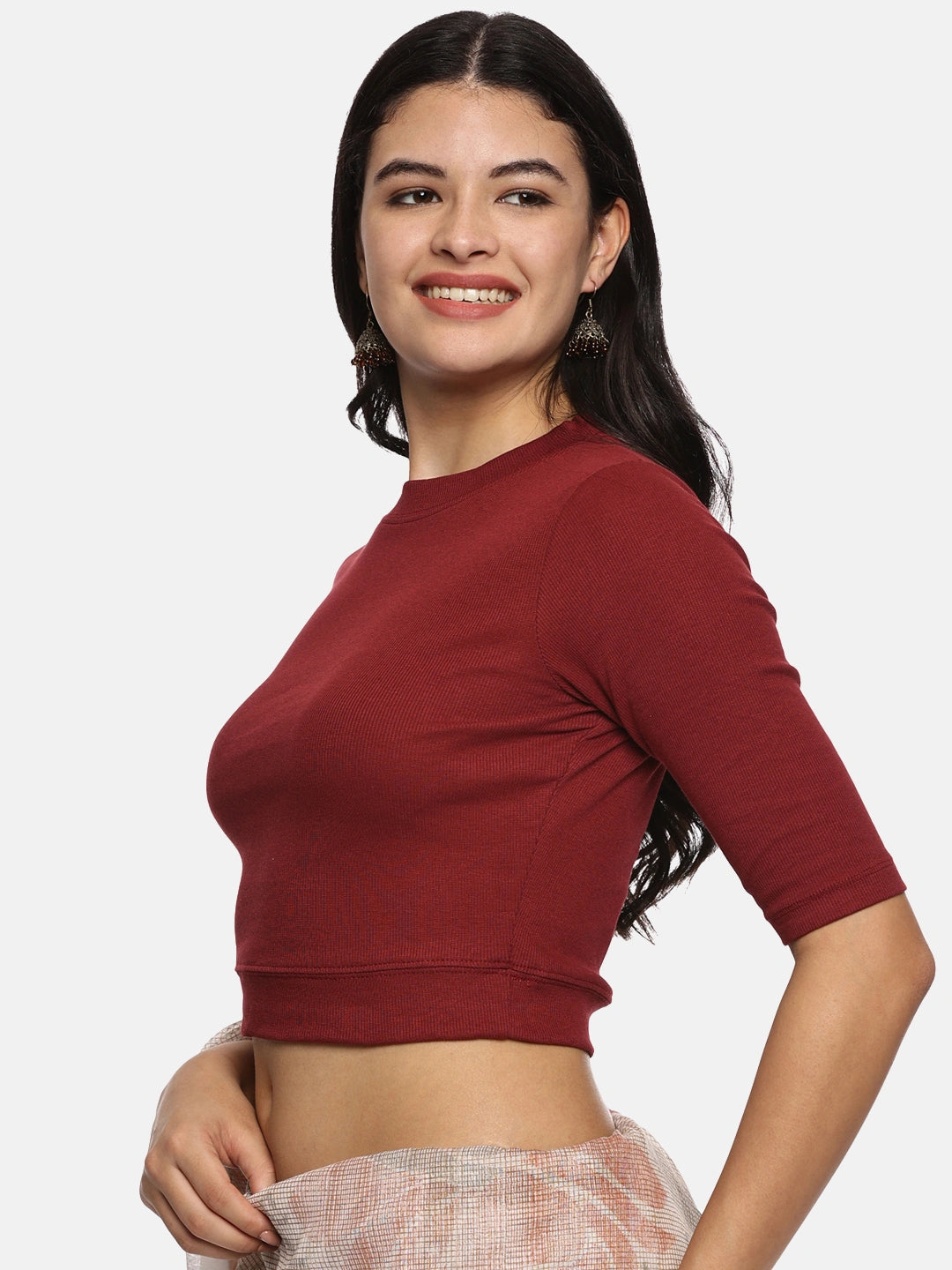 Women Back Printed Stretchable Elbow Sleeve RIB Blouse U0221 Maroon