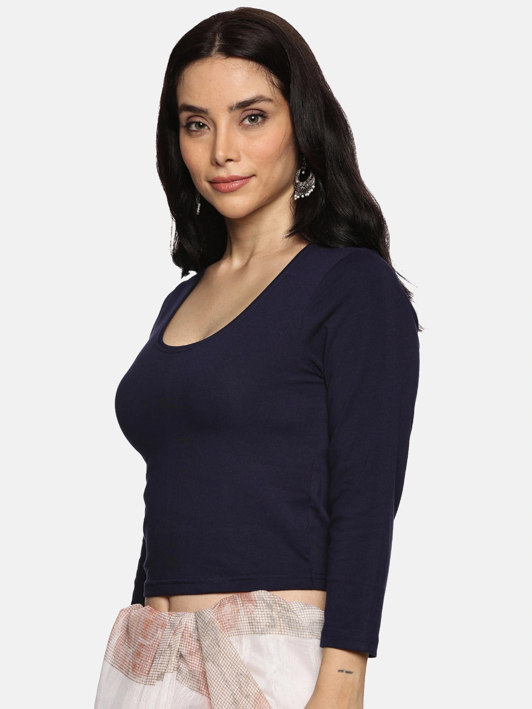 Women Three Fourth Sleeve Plain Stretchable Blouse U0101 Navy