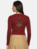 Women Back Printed Stretchable Full Sleeve V Neck RIB Blouse U0190 Maroon