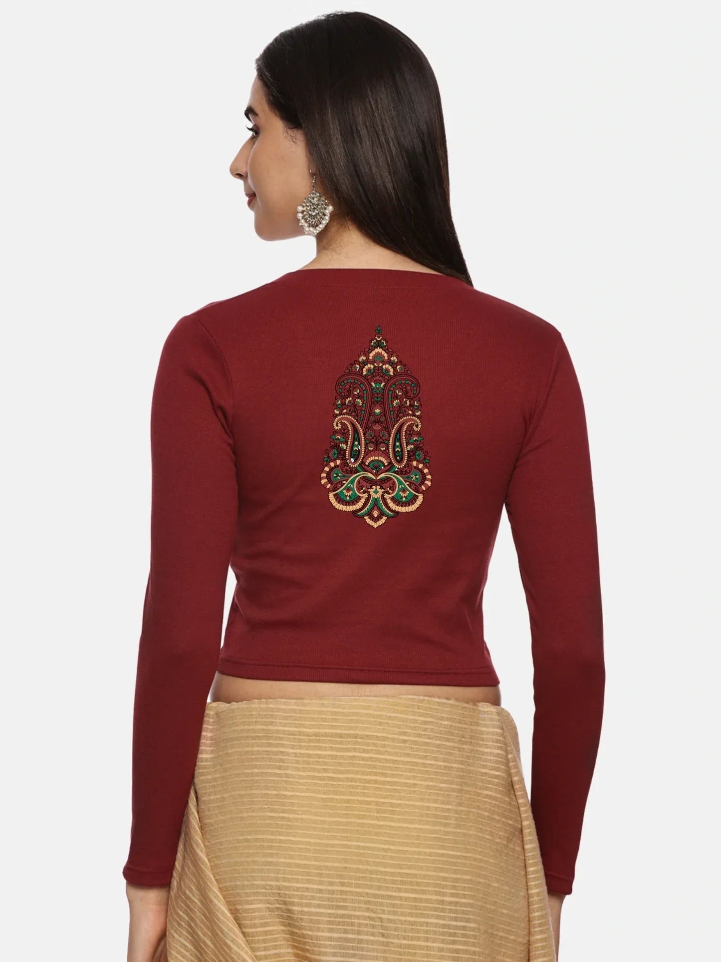 Women Back Printed Stretchable Full Sleeve V Neck RIB Blouse U0190 - notyetbyus