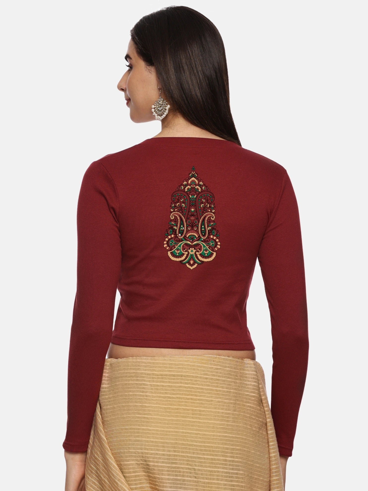 Women Back Printed Stretchable Full Sleeve V Neck RIB Blouse U0190