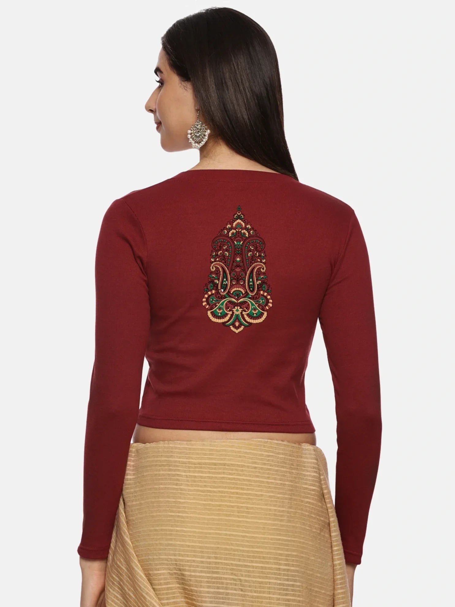 Women Back Printed Stretchable Full Sleeve V Neck RIB Blouse U0190 - notyetbyus