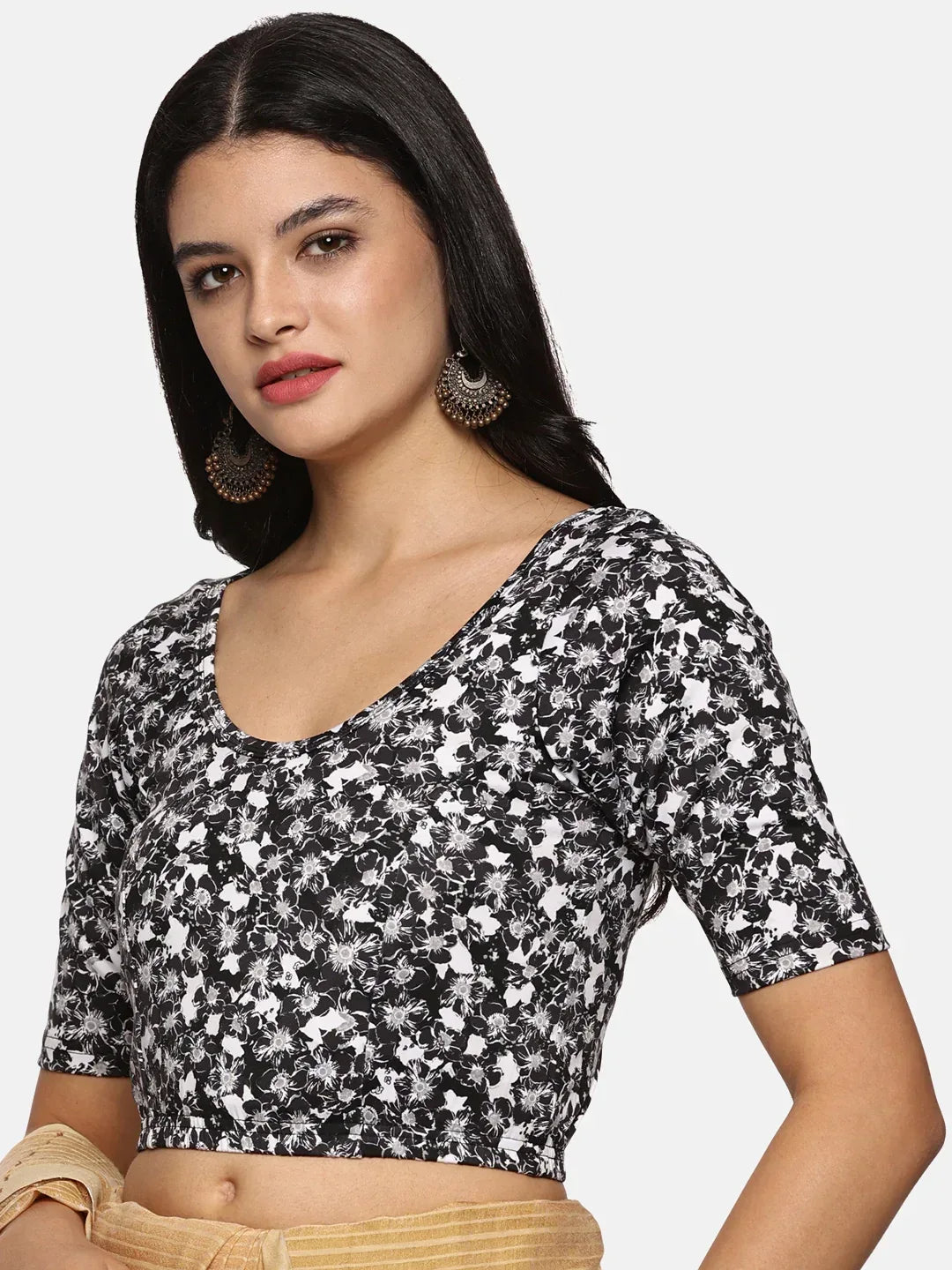 Women Allover Black White Floral Printed Stretchable Blouse UA06 - notyetbyus