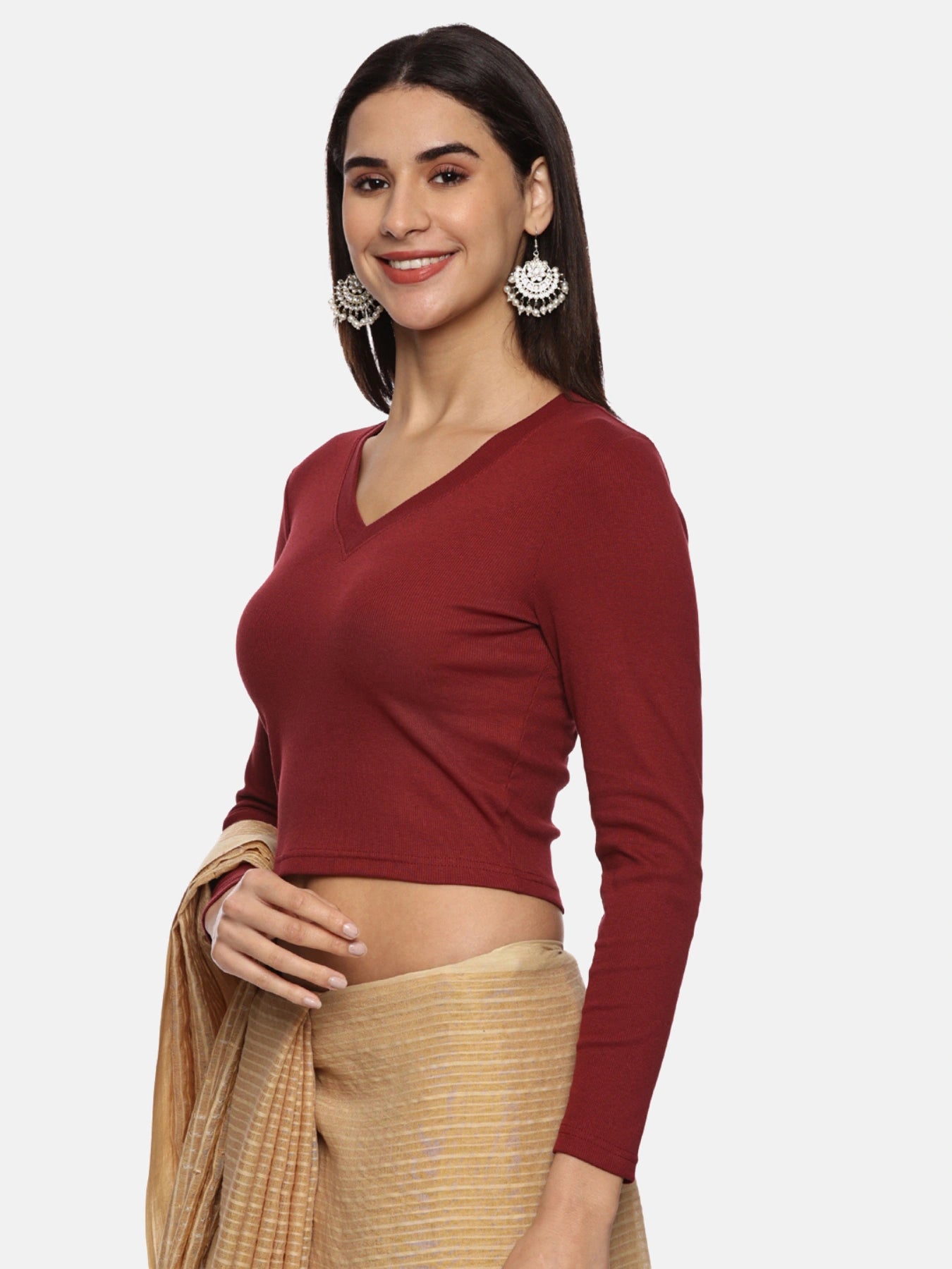 Women Plain Stretchable Full Sleeve V Neck RIB Blouse U0191 Maroon