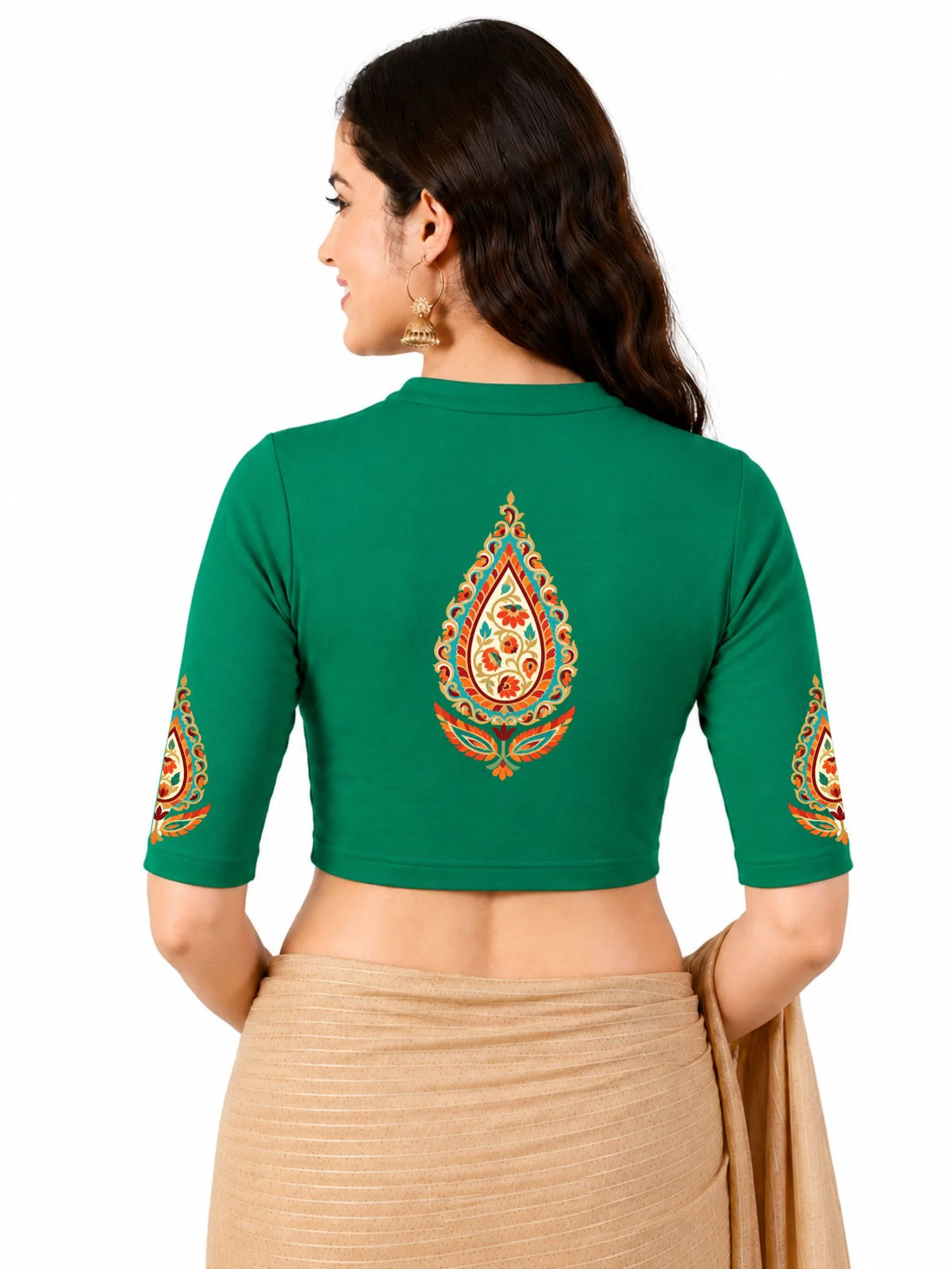 Women Mandarin Collar Back Printed Stretchable Elbow Sleeve Blouse U0279 Emerald Green