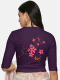 Women Back Printed Stretchable Elbow Sleeve RIB Blouse U0113 Violet