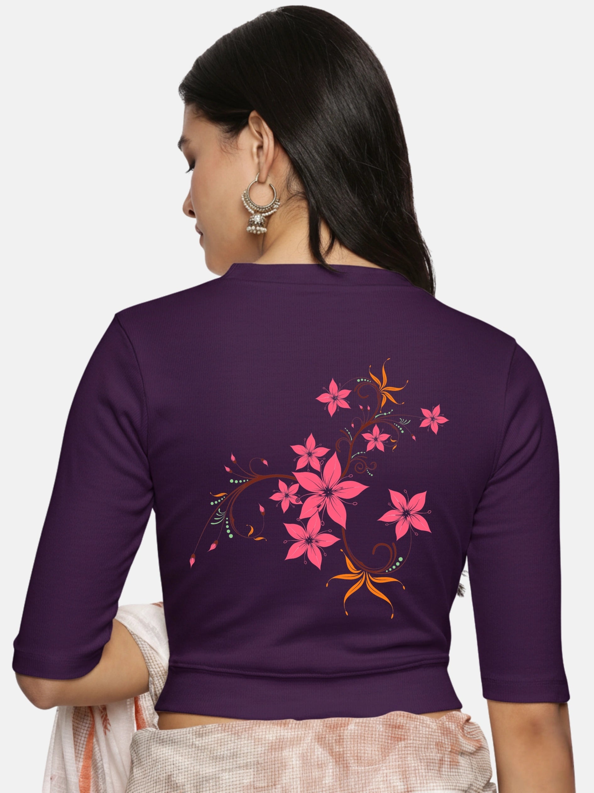 Women Back Printed Stretchable Elbow Sleeve RIB Blouse U0113 - notyetbyus