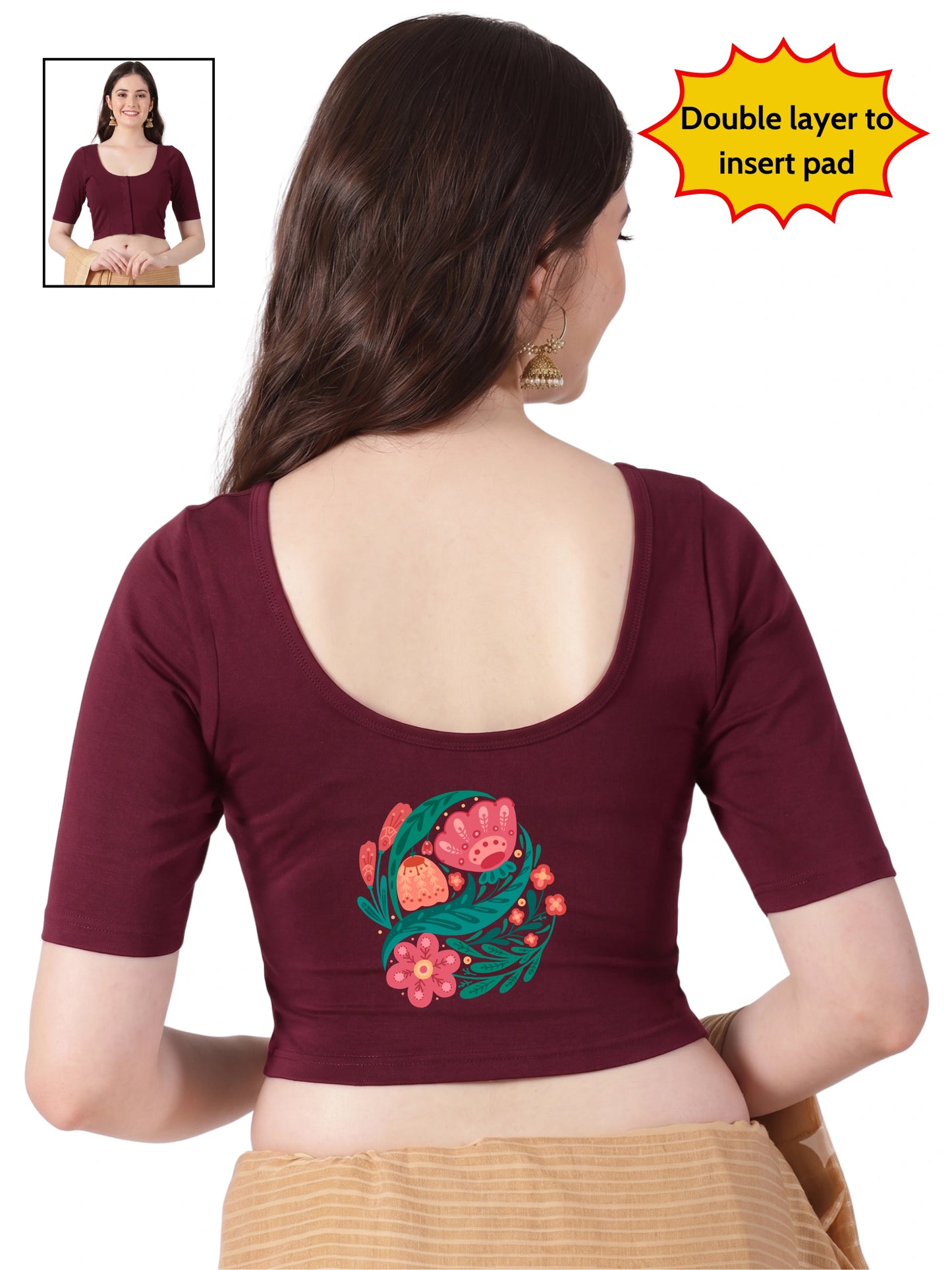 Women Front Open Back Printed Stretchable Half Sleeve Blouse U0265 Maroon