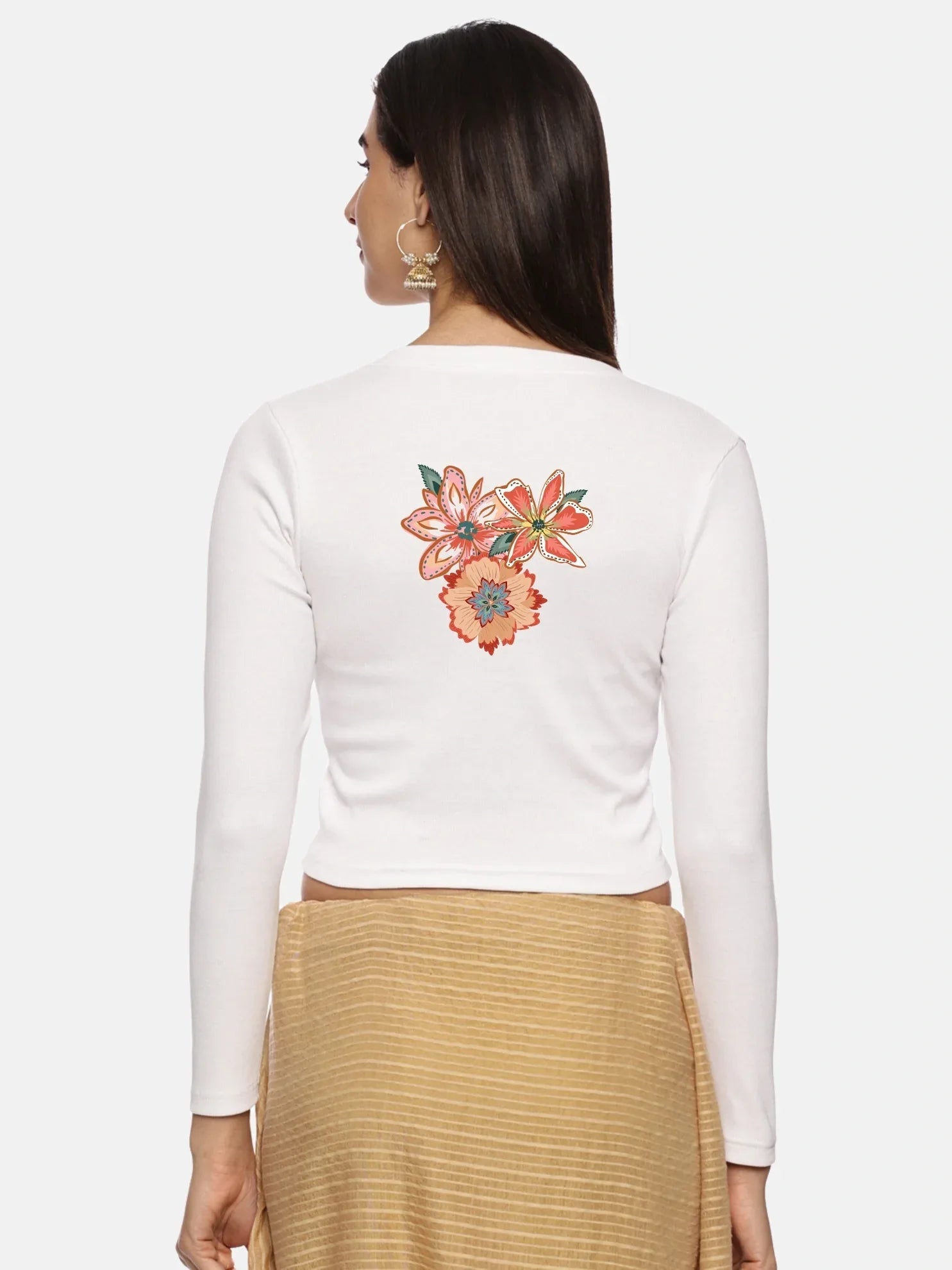 Women Back Printed Stretchable Full Sleeve V Neck RIB Blouse U0214 - notyetbyus