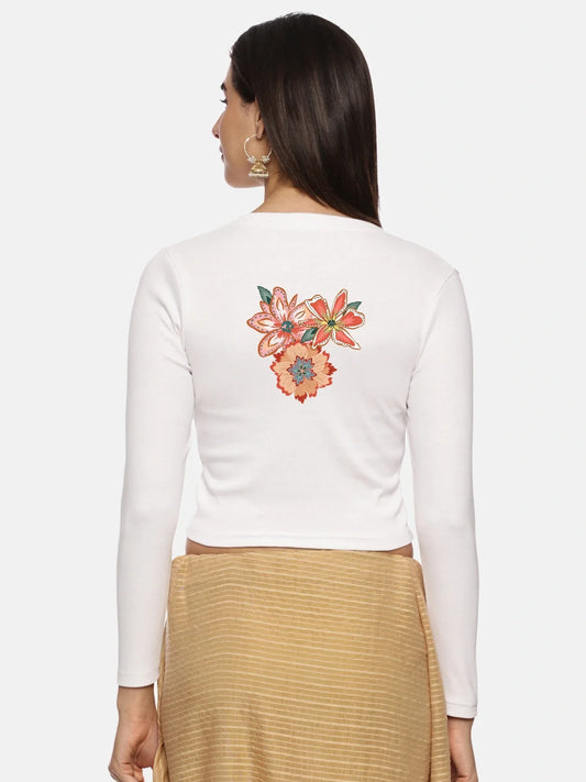 Women Back Printed Stretchable Full Sleeve V Neck RIB Blouse U0214 - notyetbyus