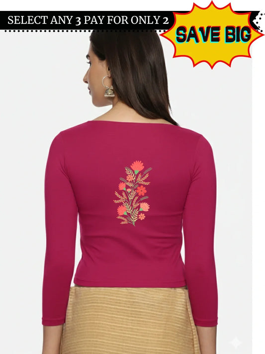 Women Three Fourth Sleeve Back Print Stretchable Blouse U0182 - notyetbyus